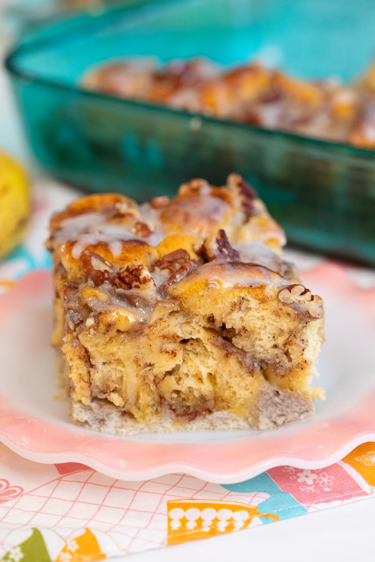 banana cinnamon roll casserole on a plate