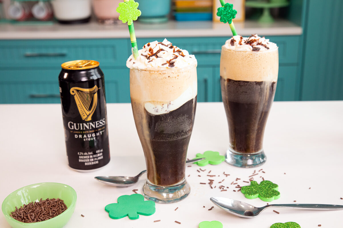 Two Grasshopper Guinness floats in pint glasses.