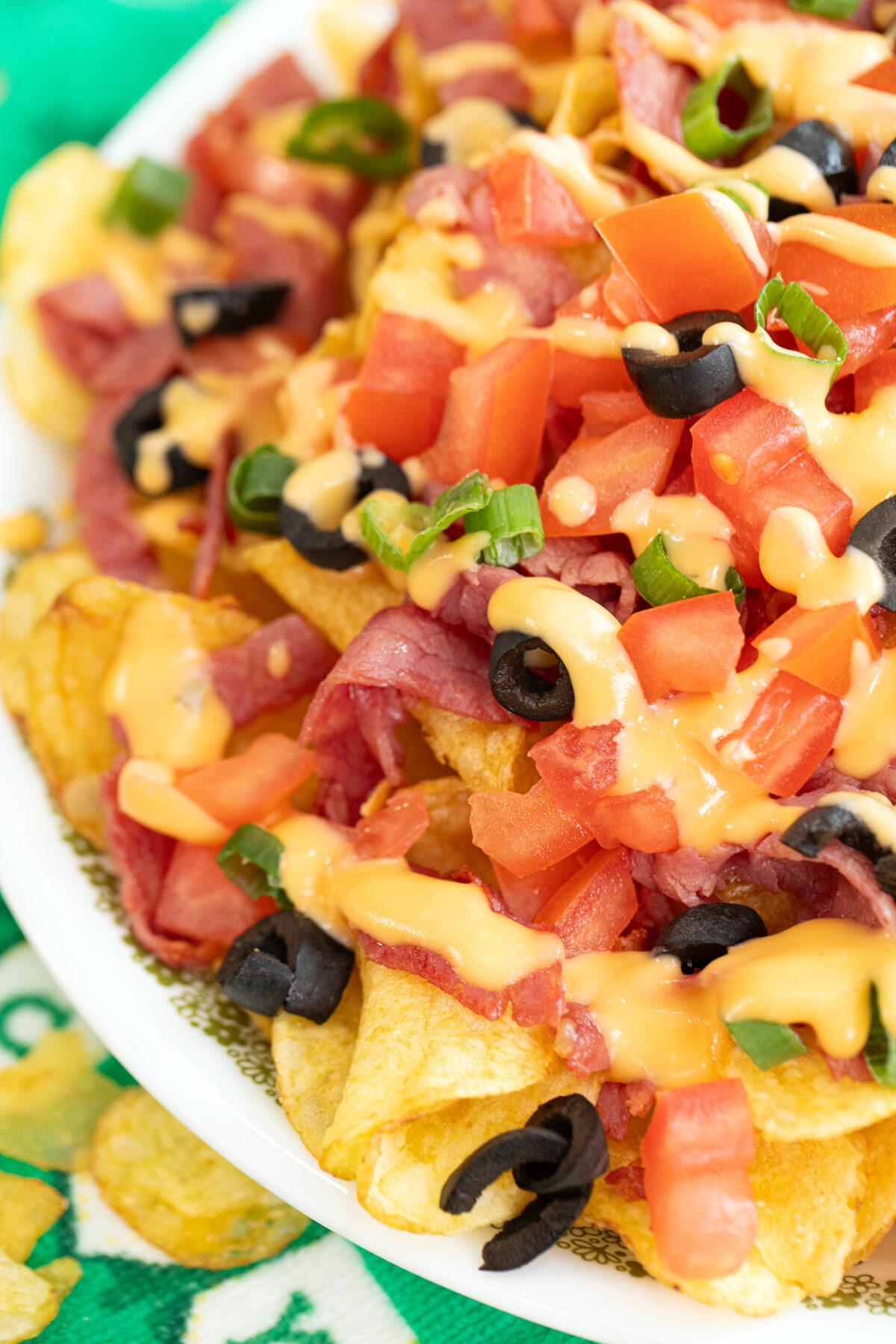 close up of Irish nachos on a plate