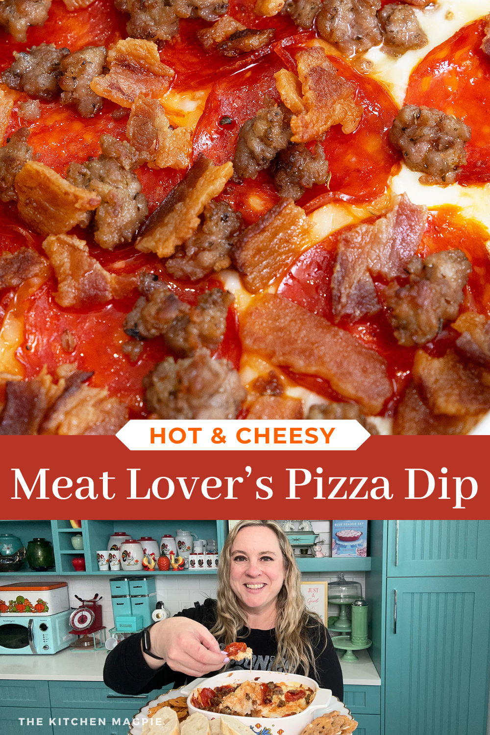 If you love a loaded Meat Lover's pizza, this pizza dip is for you! A cream cheese base is topped with pizza sauce, cheese, and meats and baked to hot cheesy perfection! #thekitchenmagpie #pizzadip #appetizers